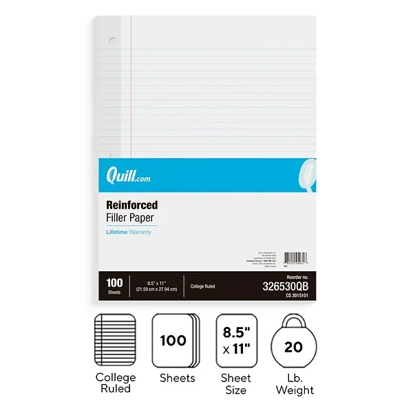 Quill Brand® College Ruled Reinforced Filler Paper, 8.5" X 11", 100 Sheets/Pack (TR16183) 3 Quill Brand® College Ruled Reinforced Filler Paper, 8.5" X 11", 100 Sheets/Pack (TR16183)