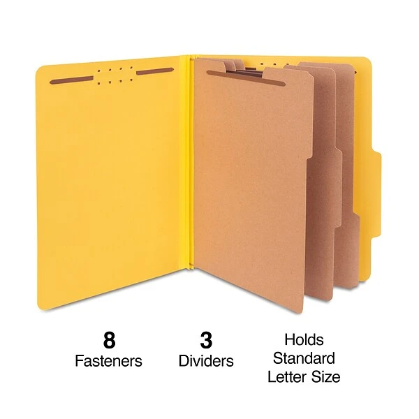 Quill Brand® 2/5-Cut Tab Pressboard Classification File Folders, 3-Partitions, 8-Fasteners, Letter, Yellow, 15/Box (744038) 3 Quill Brand® 2/5-Cut Tab Pressboard Classification File Folders, 3-Partitions, 8-Fasteners, Letter, Yellow, 15/Box (744038)