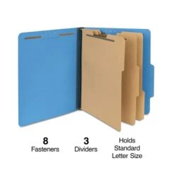 Quill Brand® 2/5-Cut Tab Pressboard Classification File Folders, 3-Partitions, 8-Fasteners, Letter, Blue, 15/Box (744026)