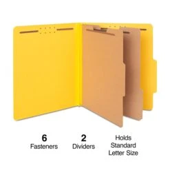 Quill Brand® 2/5-Cut Tab Pressboard Classification File Folders, 2-Partitions, 6-Fasteners, Letter, Yellow, 15/Box (738038)