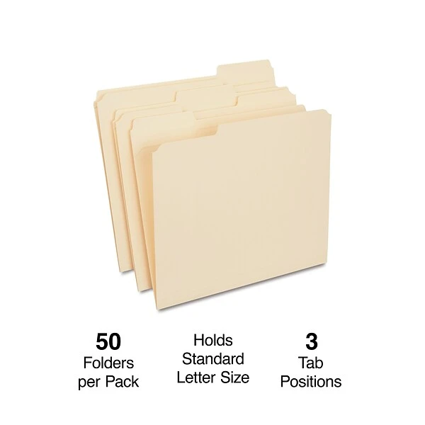 Quill Brand® Heavy-Duty Reinforced File Folders, 1/3-Cut, Letter Size, Assorted Tabs, Manila, 50/Box (71043450) 3 Quill Brand® Heavy-Duty Reinforced File Folders, 1/3-Cut, Letter Size, Assorted Tabs, Manila, 50/Box (71043450)
