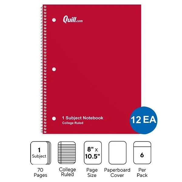 Quill Brand® 1-Subject Notebooks, 8" X 10.5", College Ruled, 70 Sheets, Assorted Colors, 12/Carton (TR58376) 3 Quill Brand® 1-Subject Notebooks, 8" X 10.5", College Ruled, 70 Sheets, Assorted Colors, 12/Carton (TR58376)
