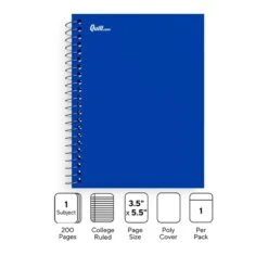 Quill Brand® Premium 1-Subject Notebook, 3.5" X 5.5", College Ruled, 200 Sheets, Blue (TR58289)