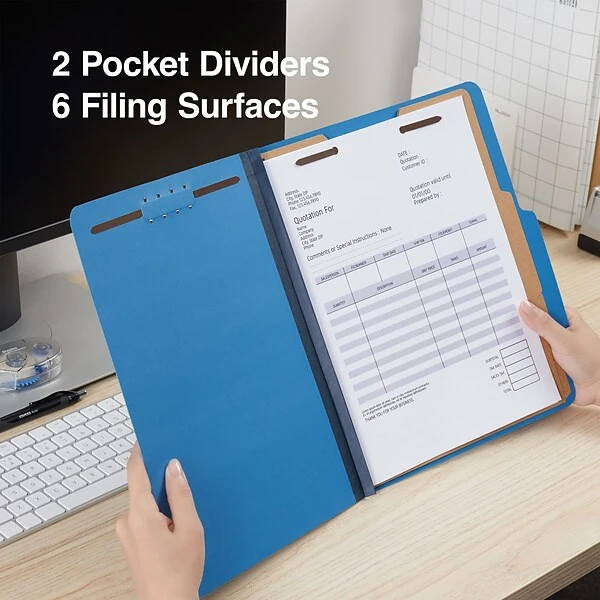 Quill Brand® 2/5-Cut Tab Pressboard Classification File Folders, 2-Partitions, 6-Fasteners, Letter, Blue, 15/Box (738026) 6 Quill Brand® 2/5-Cut Tab Pressboard Classification File Folders, 2-Partitions, 6-Fasteners, Letter, Blue, 15/Box (738026) - Image 4