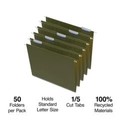 Quill Brand® 100% Recycled Hanging File Folders; 1/5-Cut Adjustable Tabs, Letter Size,Green, 50/Box (745215)