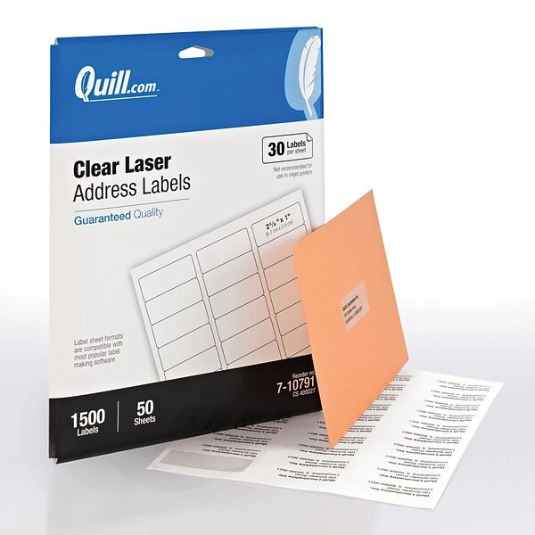 Quill Brand® Laser Address Labels, 1" X 2-5/8", Matte Clear, 1,500 Labels (Compare To Avery 5660) 3 Quill Brand® Laser Address Labels, 1" X 2-5/8", Matte Clear, 1,500 Labels (Compare To Avery 5660)