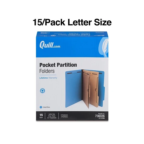 Quill Brand® 2/5-Cut Pressboard Classification Folders With Pockets, 2 Partitions, 6-Fasteners, Letter, Blue, 15/Box (736026) 4 Quill Brand® 2/5-Cut Pressboard Classification Folders With Pockets, 2 Partitions, 6-Fasteners, Letter, Blue, 15/Box (736026) - Image 2
