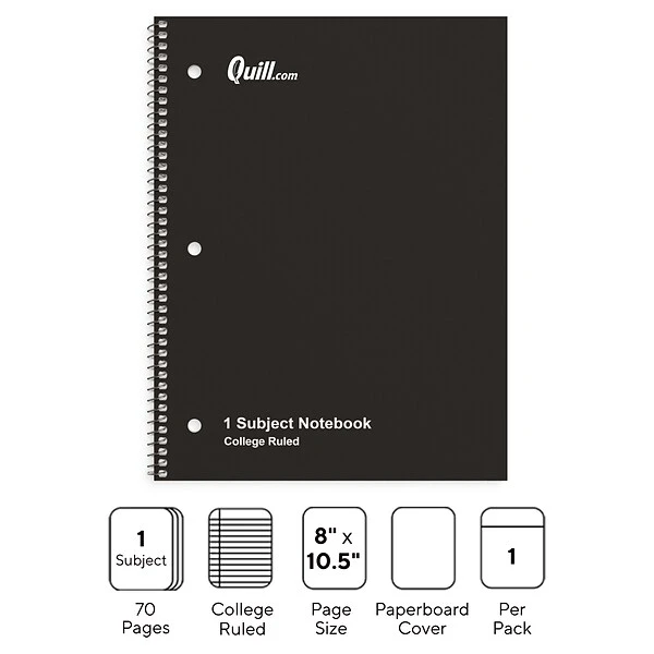 Quill Brand® 1-Subject Notebook, 8" X 10.5", College Ruled, 70 Sheets, Black (TR27499) 3 Quill Brand® 1-Subject Notebook, 8" X 10.5", College Ruled, 70 Sheets, Black (TR27499)