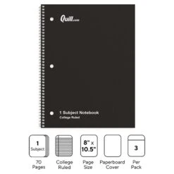 Quill Brand® 1-Subject Notebook, 8" X 10.5", College Ruled, 70 Sheets, Black, 3/Pack (TR58373)