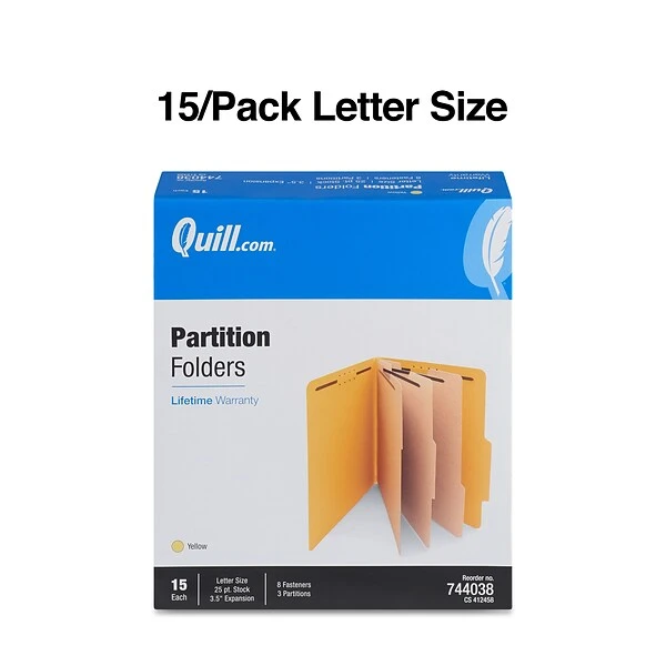 Quill Brand® 2/5-Cut Tab Pressboard Classification File Folders, 3-Partitions, 8-Fasteners, Letter, Yellow, 15/Box (744038) 4 Quill Brand® 2/5-Cut Tab Pressboard Classification File Folders, 3-Partitions, 8-Fasteners, Letter, Yellow, 15/Box (744038) - Image 2