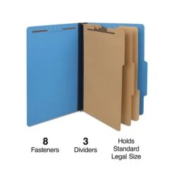 Quill Brand® 2/5-Cut Tab Pressboard Classification File Folders, 3-Partitions, 8-Fasteners, Legal, Blue, 15/Box (7-45026)