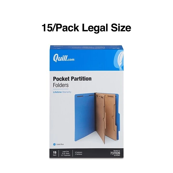 Quill Brand® 2/5-Cut Pressboard Classification Folders With Pockets, 2 Partitions, 6-Fasteners, Legal, Blue, 15/Box (737026) 4 Quill Brand® 2/5-Cut Pressboard Classification Folders With Pockets, 2 Partitions, 6-Fasteners, Legal, Blue, 15/Box (737026) - Image 2