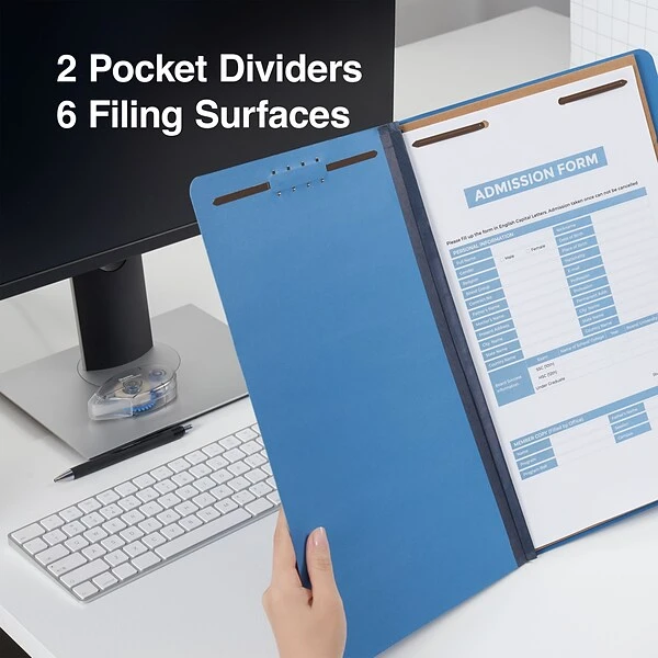 Quill Brand® 2/5-Cut Pressboard Classification Folders With Pockets, 2 Partitions, 6-Fasteners, Letter, Blue, 15/Box (736026) 6 Quill Brand® 2/5-Cut Pressboard Classification Folders With Pockets, 2 Partitions, 6-Fasteners, Letter, Blue, 15/Box (736026) - Image 4