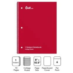 Quill Brand® 1-Subject Notebooks, 8" X 10.5", College Ruled, 70 Sheets, Assorted Colors, 6/Pack (TR58376)