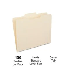Quill Brand® Center Position File Folders, 1/3-Cut, Letter Size, Manila, 100/Box (730041)