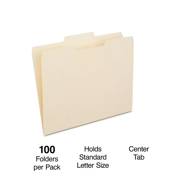 Quill Brand® Center Position File Folders, 1/3-Cut, Letter Size, Manila, 100/Box (730041) 3 Quill Brand® Center Position File Folders, 1/3-Cut, Letter Size, Manila, 100/Box (730041)