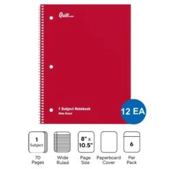 Quill Brand® 1-Subject Notebooks, 8" X 10.5", Wide Ruled, 70 Sheets, Assorted Colors, 12/Carton (TR11667)