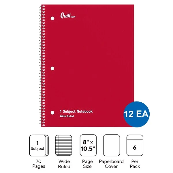 Quill Brand® 1-Subject Notebooks, 8" X 10.5", Wide Ruled, 70 Sheets, Assorted Colors, 12/Carton (TR11667) 3 Quill Brand® 1-Subject Notebooks, 8" X 10.5", Wide Ruled, 70 Sheets, Assorted Colors, 12/Carton (TR11667)