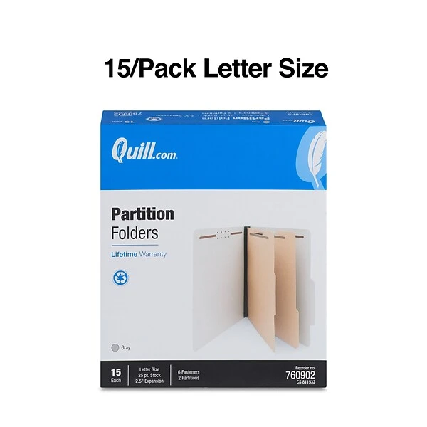 Quill Brand® Recycled Pressboard Classification Folders, 2-Partitions, 6-Fasteners, Letter, Gray, 15/Box (761902) 4 Quill Brand® Recycled Pressboard Classification Folders, 2-Partitions, 6-Fasteners, Letter, Gray, 15/Box (761902) - Image 2