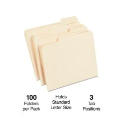Quill Brand® File Folders, 1/3-Cut Assorted, Letter Size, Manila, 100/Box (740137)