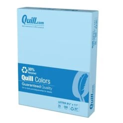Quill Brand® 30% Recycled Colored Multipurpose Paper, 20 Lbs., 8.5" X 11", Blue, 500 Sheets/Ream, 10 Reams/Carton (720559CT)