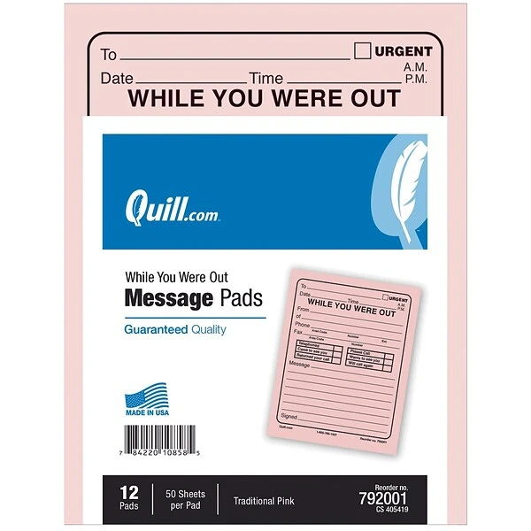 Quill Brand® While-You-Were-Out Message Pads, 5-1/2" X 4-1/4", 50 Sheets/Pad, 12 Pads/Pack (792001) 3 Quill Brand® While-You-Were-Out Message Pads, 5-1/2" X 4-1/4", 50 Sheets/Pad, 12 Pads/Pack (792001)