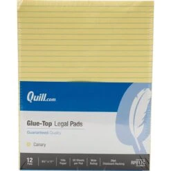 Quill Brand® Glue-Top Legal Pad, 8-1/2" X 11", Wide Ruled, Canary Yellow, 50 Sheets/Pad, 12 Pads/Pack (RP811C)