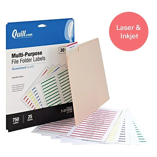 Quill Brand® Laser/Inkjet File Folder Label, 2/3" X 3-7/16", Assorted, 750 Labels (Compare To Avery 5266) 3 Quill Brand® Laser/Inkjet File Folder Label, 2/3" X 3-7/16", Assorted, 750 Labels (Compare To Avery 5266)