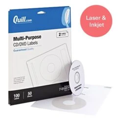Quill Brand® Laser/Inkjet CD/DVD Labels; White, 8-1/2x11", 2 Labels/Sheet, 50 Sheets/Pack (016874)