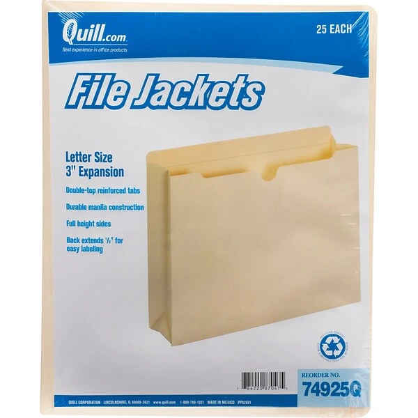 Quill Brand® File Jacket, 3" Expansion, Letter Size, Manila, 25/Pack (74925Q) 3 Quill Brand® File Jacket, 3" Expansion, Letter Size, Manila, 25/Pack (74925Q)