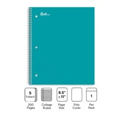 Quill Brand® Premium 5-Subject Notebook, 8.5" X 11", College Ruled, 200 Sheets, Teal (TR58320)