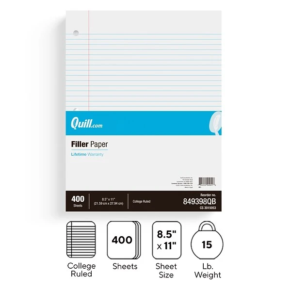 Quill Brand® College Ruled Filler Paper, 8.5" X 11", White, 400 Sheets/Pack (TR27521) 3 Quill Brand® College Ruled Filler Paper, 8.5" X 11", White, 400 Sheets/Pack (TR27521)
