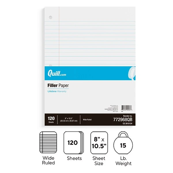 Quill Brand® Wide Ruled Filler Paper, 8" X 10.5", White, 120 Sheets/Pack (TR37426) 6 Quill Brand® Wide Ruled Filler Paper, 8" X 10.5", White, 120 Sheets/Pack (TR37426) - Image 4